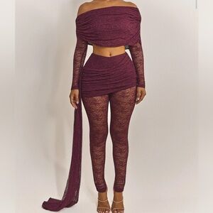 Sheer Lace High-Waist Leggings & Skirt Set in Wine